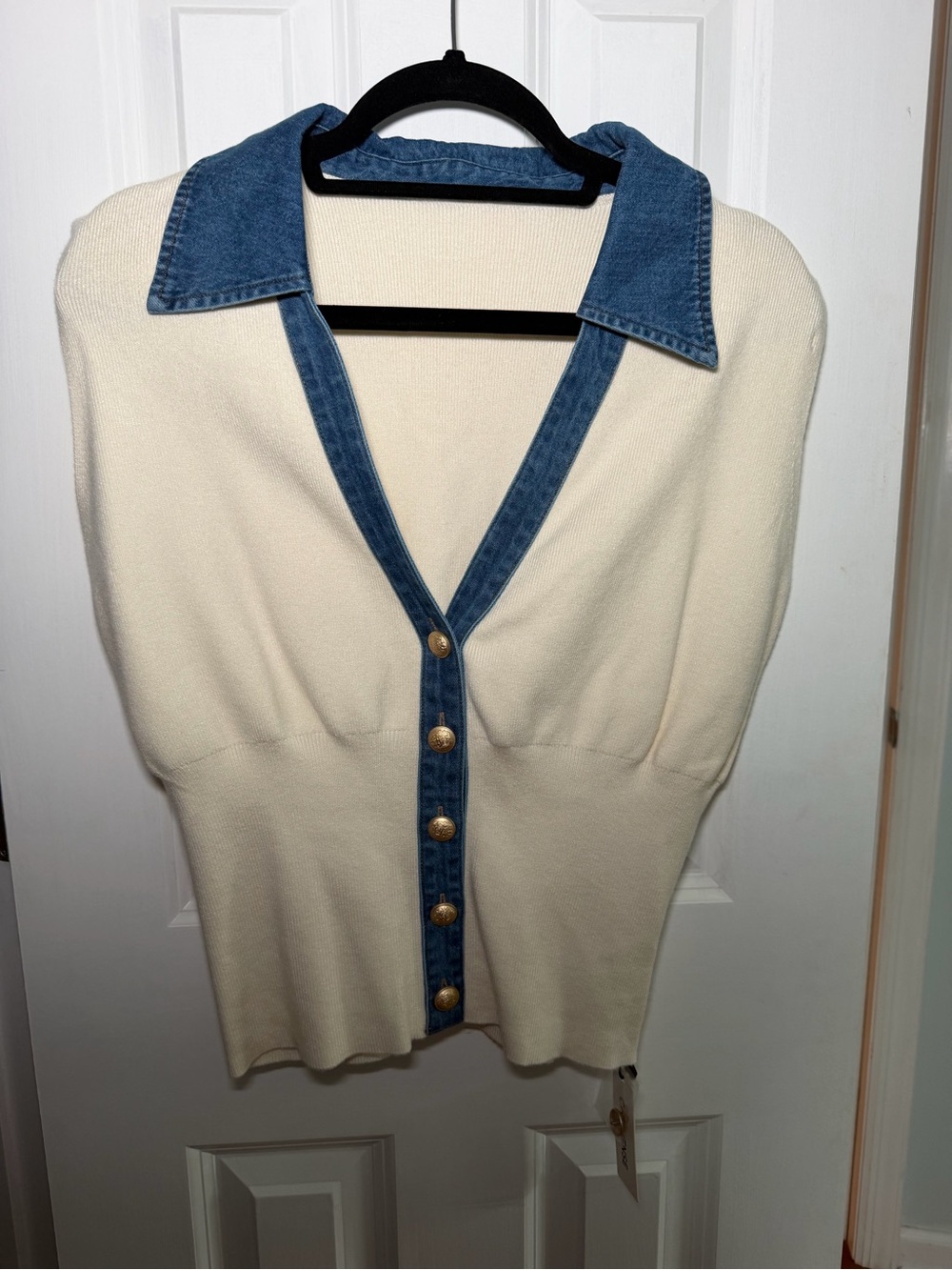 Commense Cream Knit Tank with Denim Trim and Gold Buttons